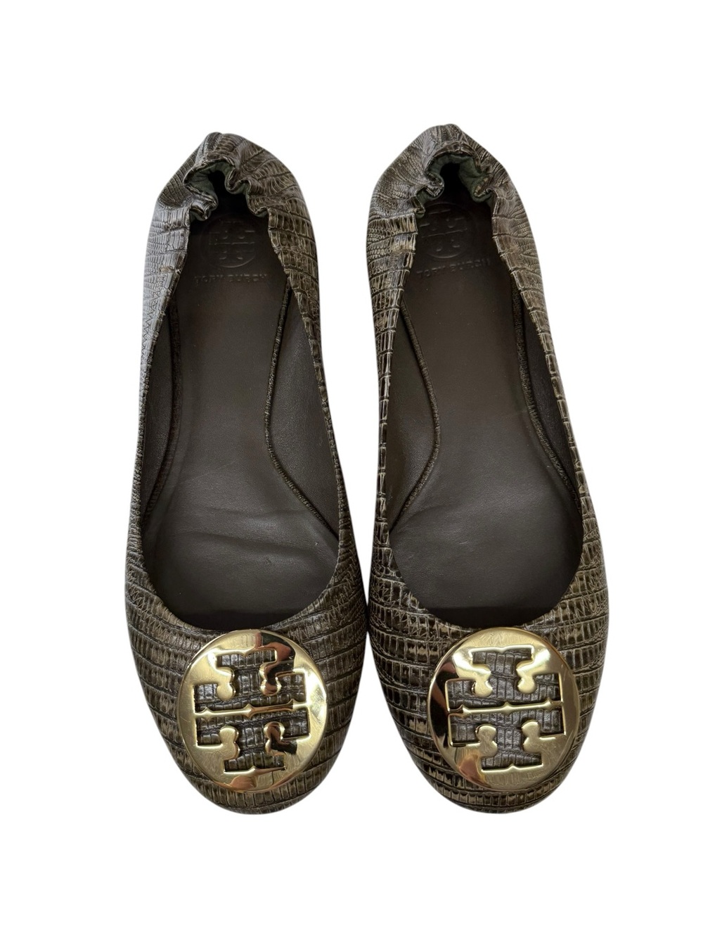 Tory Burch Olive Brown Croc-Embossed Reva Flats with Gold Logo